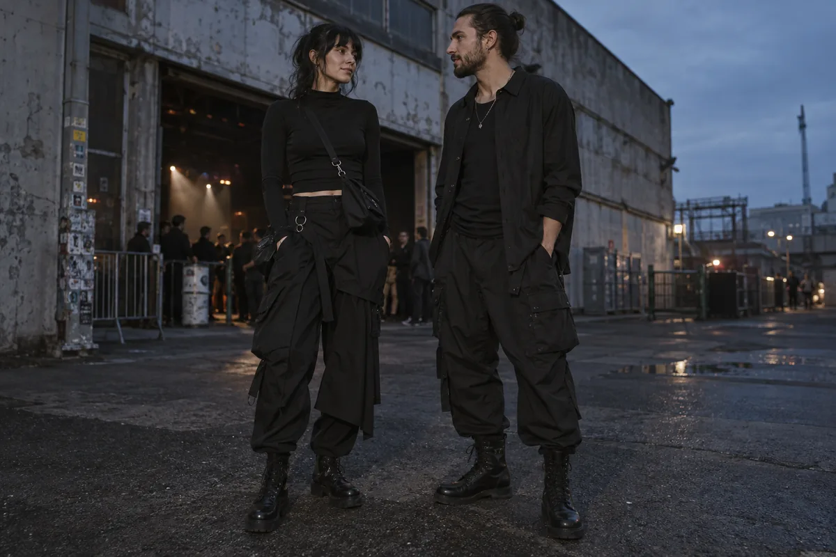Zwei Personen in schwarzen Rave-Outfits vor einem Industriegebäude am Abend