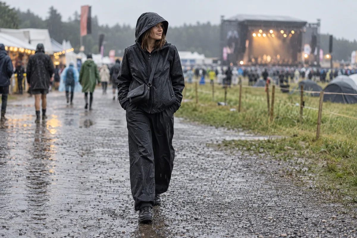 Schwarzes Festival-Outfit mit Kapuzenjacke auf einem regennassen Gelände