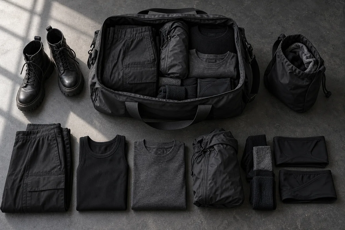 Kleidung, Schuhe und eine Reisetasche für die Festival-Packliste