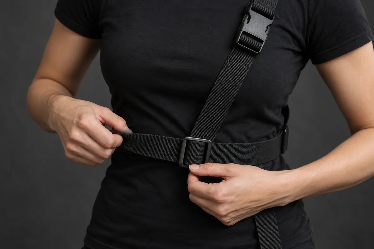 Ein schwarzes Harness wird über einem blickdichten Oberteil eingestellt