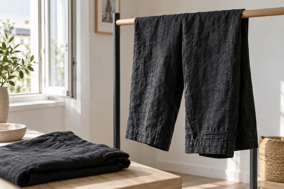 Schwarze Leinenhose trocknet luftig auf einem Wäscheständer am Fenster