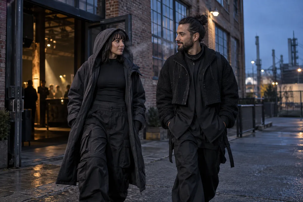 Schwarze Rave-Outfits mit zusätzlichen Kleidungsschichten für einen kalten Abend