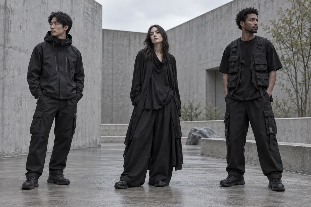 Drei schwarze Outfits mit unterschiedlichen Techwear-, Darkwear- und Warcore-Silhouetten