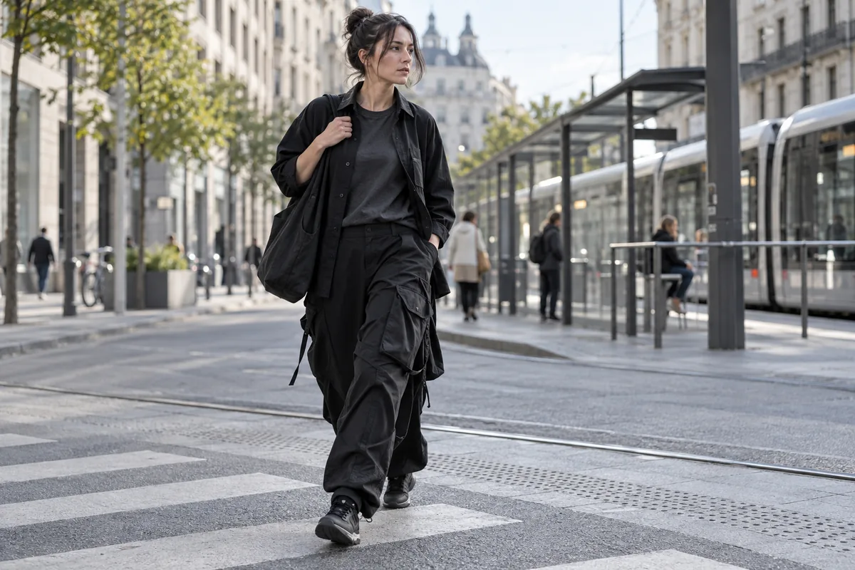 Schwarzes Alltagsoutfit mit weiter Cargohose und Stofftasche in der Stadt
