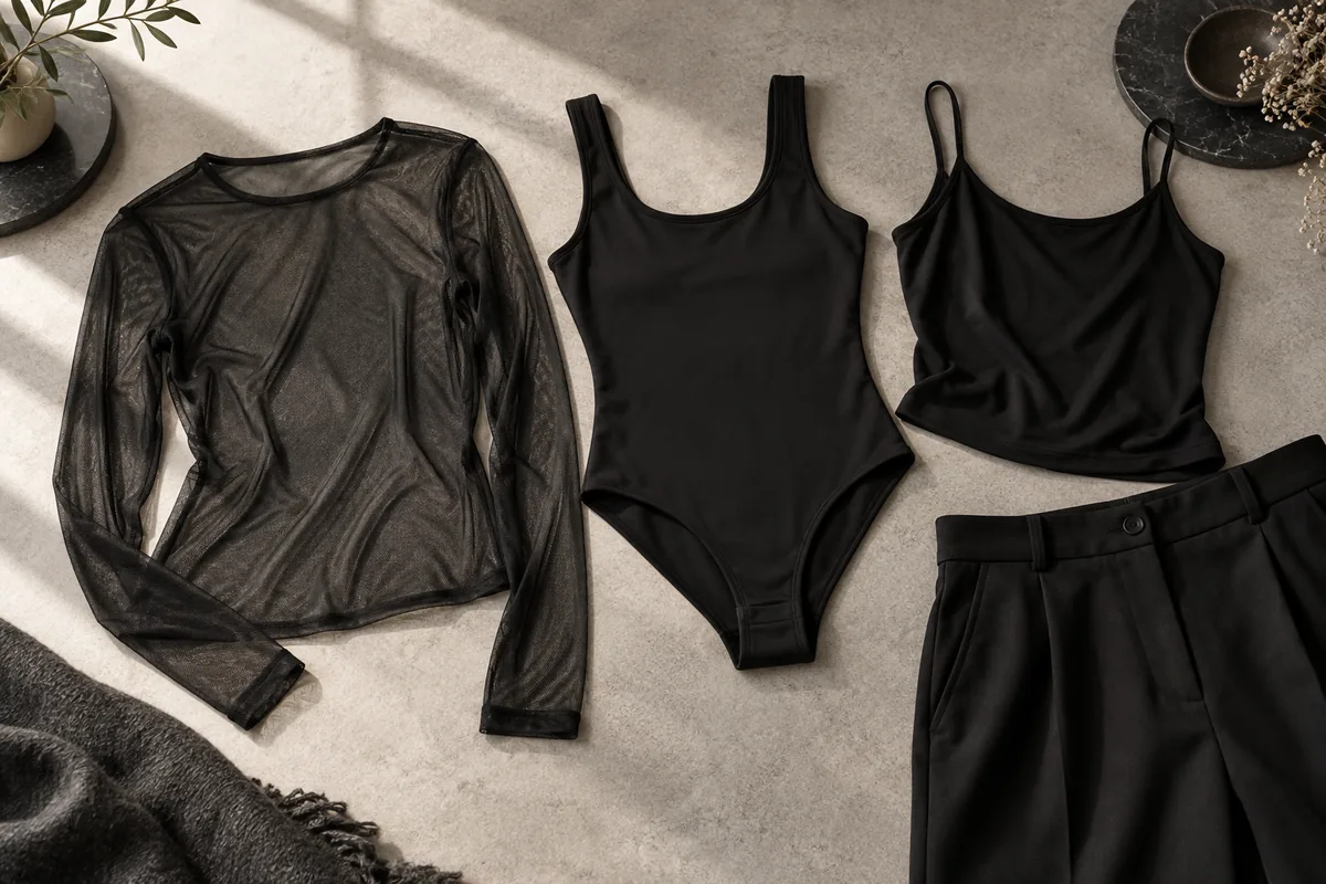 Schwarze Bodys, ein Mesh-Top und blickdichte Unterteile als Outfit-Kombination