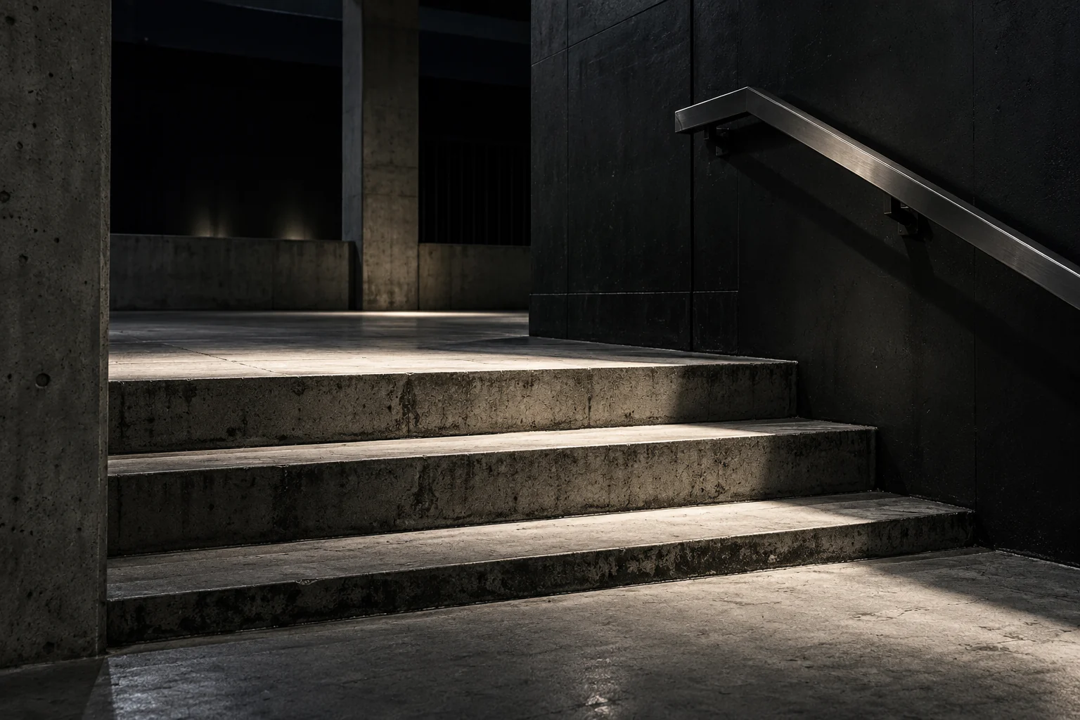 A concrete stair landing with strong horizontal edges and a dark steel handrail under white light