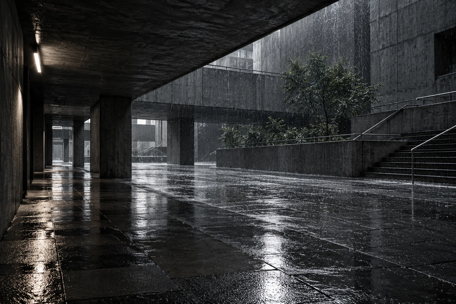 A covered concrete passage beside rain-darkened city paving
