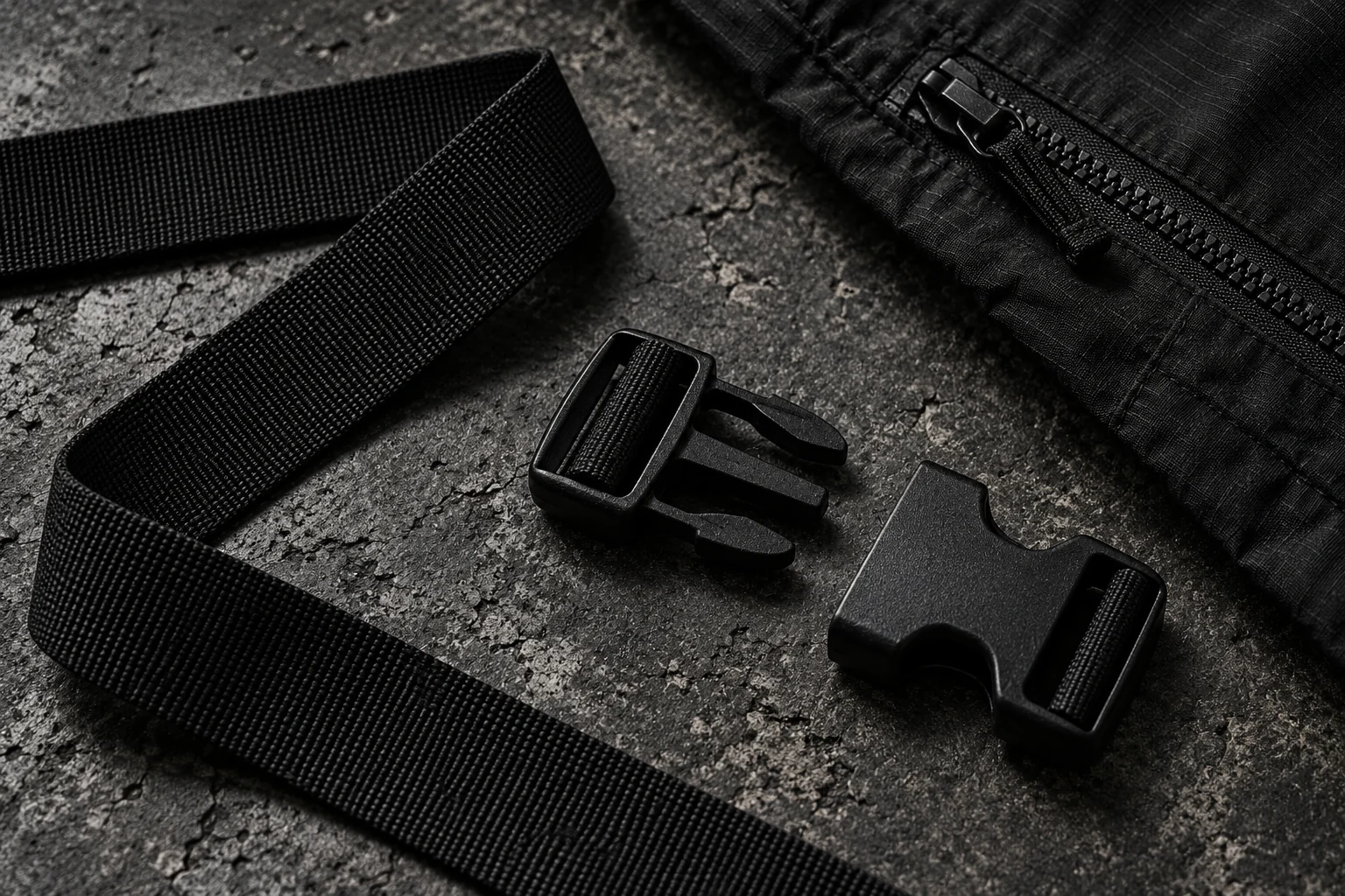 Anonymous black webbing, an open side-release buckle and a zipper edge arranged on dark concrete
