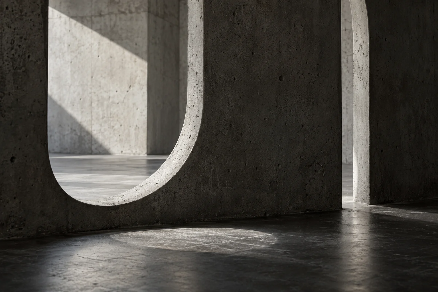 Rounded openings in a dark concrete partition casting curved patches of light onto the floor