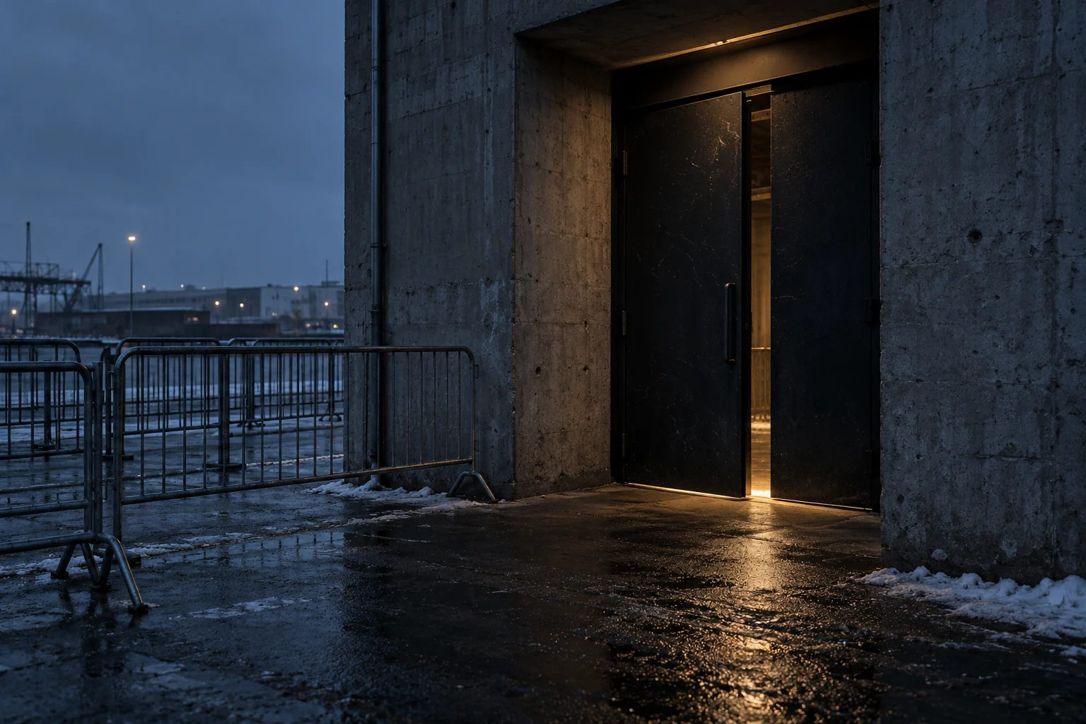An empty concrete venue entrance with a narrow warm light, damp pavement and frost beside a metal barrier