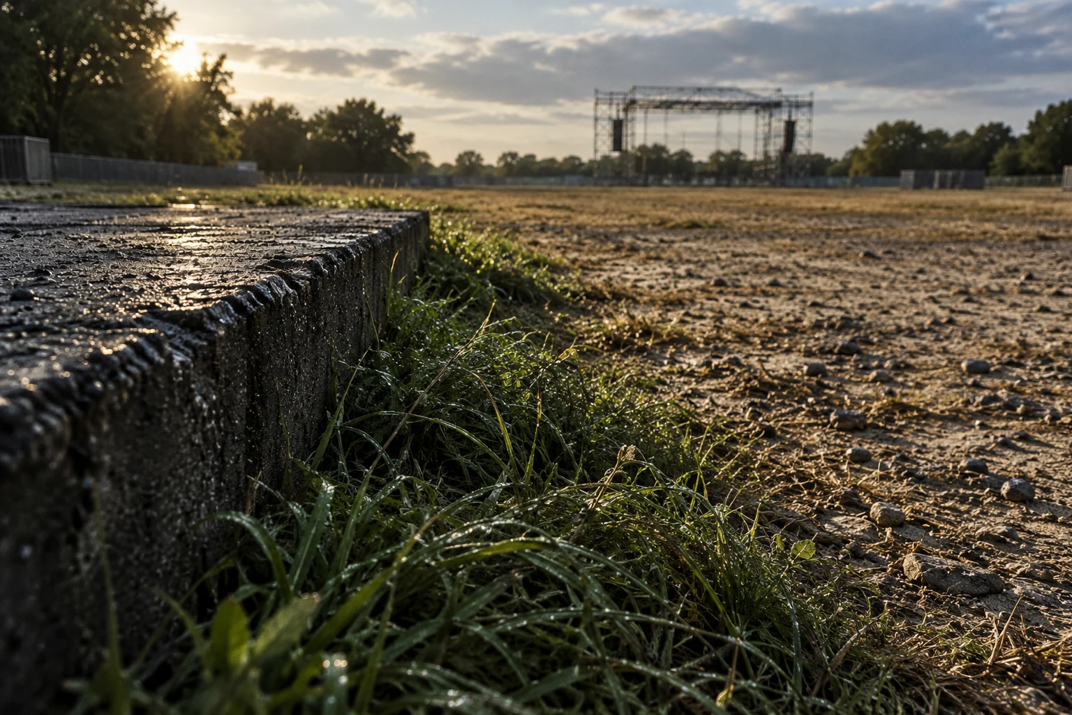 A low concrete edge separating rough sunlit ground from damp grass, with a distant steel structure
