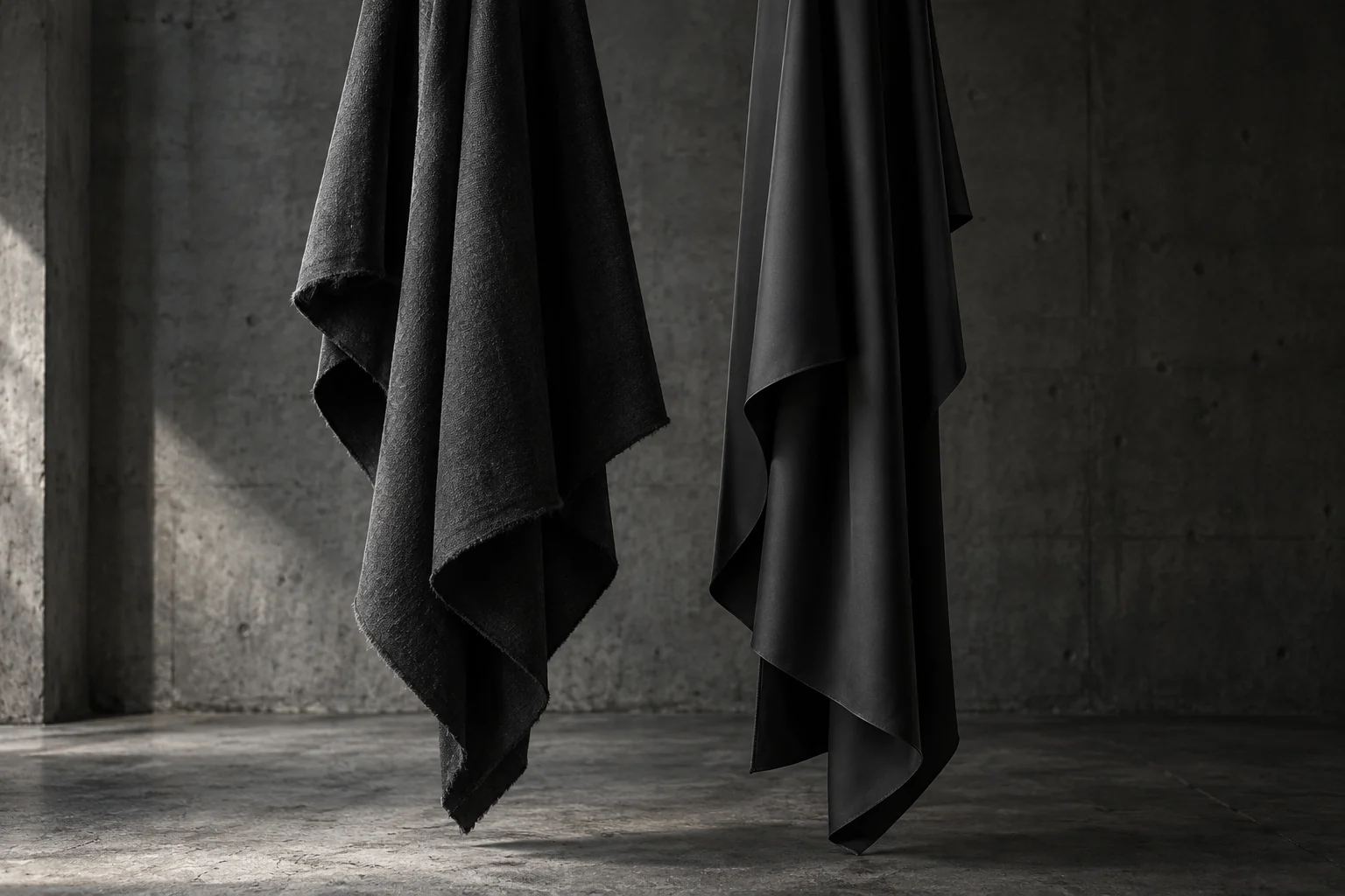Two overlapping black fabric panels hanging at different lengths in a concrete studio, with broad folds revealed by side light
