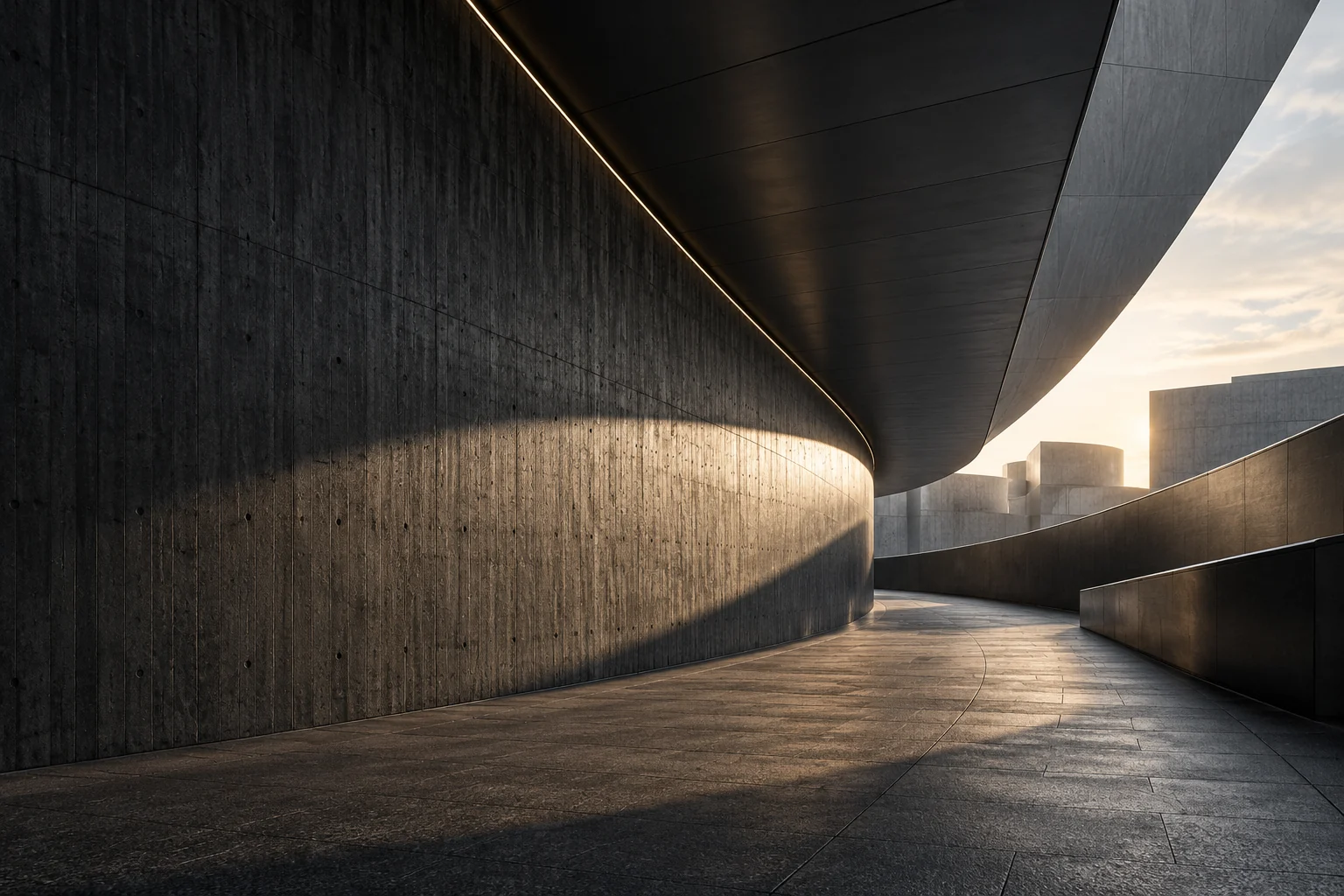 A curved charcoal concrete wall meeting a diagonal dark metal canopy in an imagined pedestrian passage
