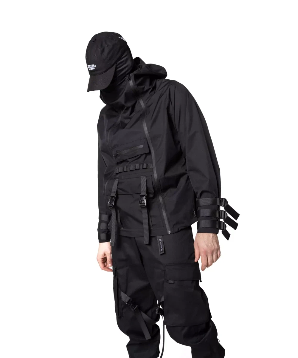 An LF black hooded Ninja jacket with a pocketed front panel, diagonal front opening and cuff straps