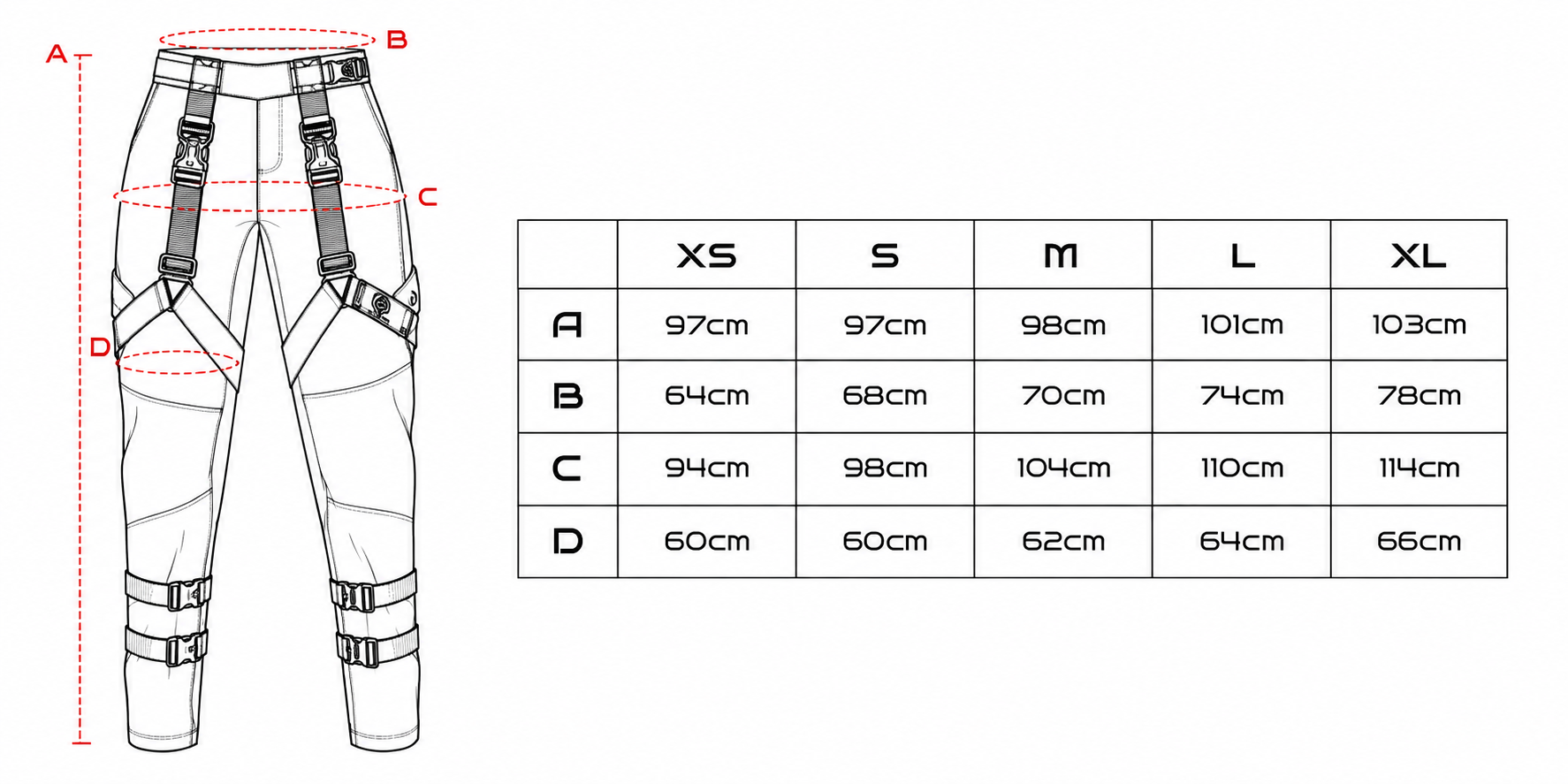 Größentabelle — Techwear-Hose für Damen (cm)