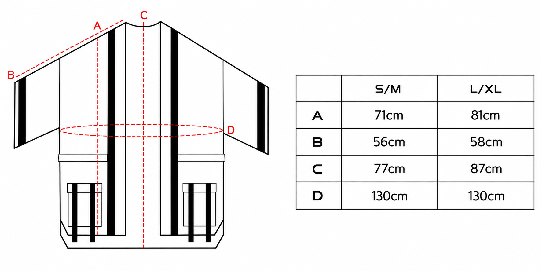 Size chart — Kimono Techwear (cm)
